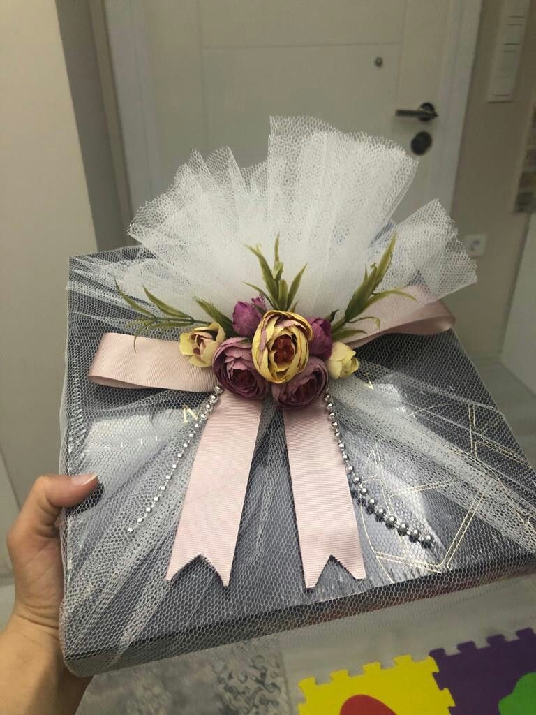 Luxury Floral Net Wrapped Gift Hamper Box with Pearl Chain & Satin Bow | Elegant Wedding Trousseau & Festive Gift Packaging | Decorative Premium Presentation Box