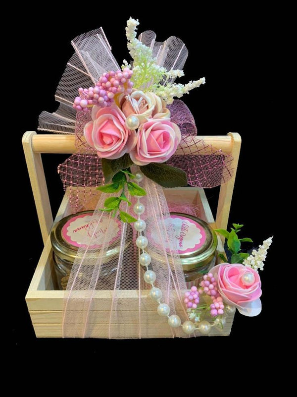 Elegant Mini Wooden Floral Hamper Basket with Net & Pearl Decor | Decorative Wedding Return Gift Tray | Baby Shower & Festive Gift Presentation Box