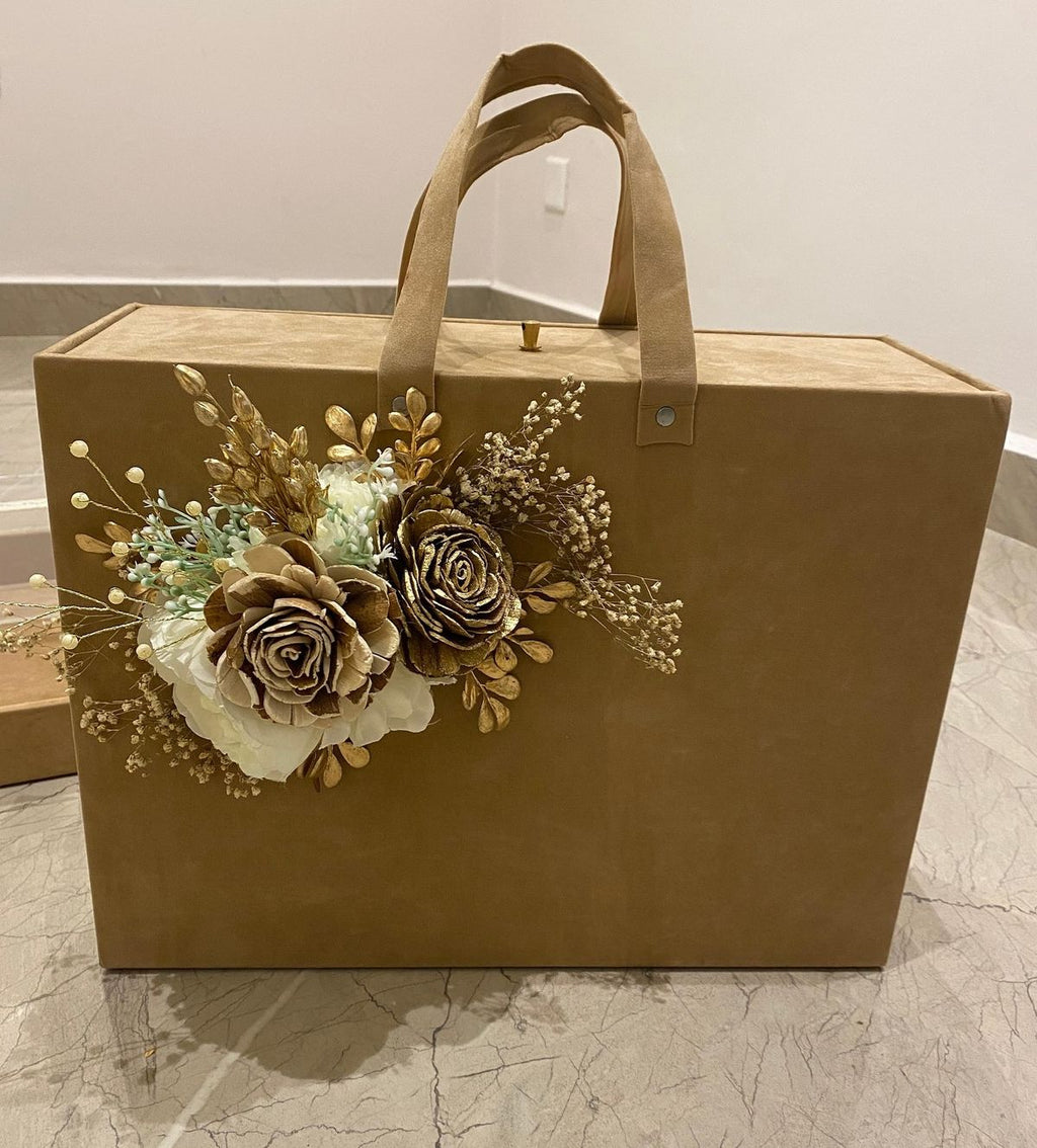 Luxury Kraft Wedding Hamper Carry Box with Floral Decoration | Premium Bridal Trousseau Gift Packing Bag with Handle