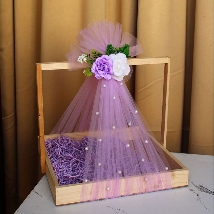 Elegant Wooden Gift Hamper Tray with Pearl Net & Floral Bow | Decorative Trousseau Packing Box | Wedding, Baby Shower & Festive Gift Presentation Basket