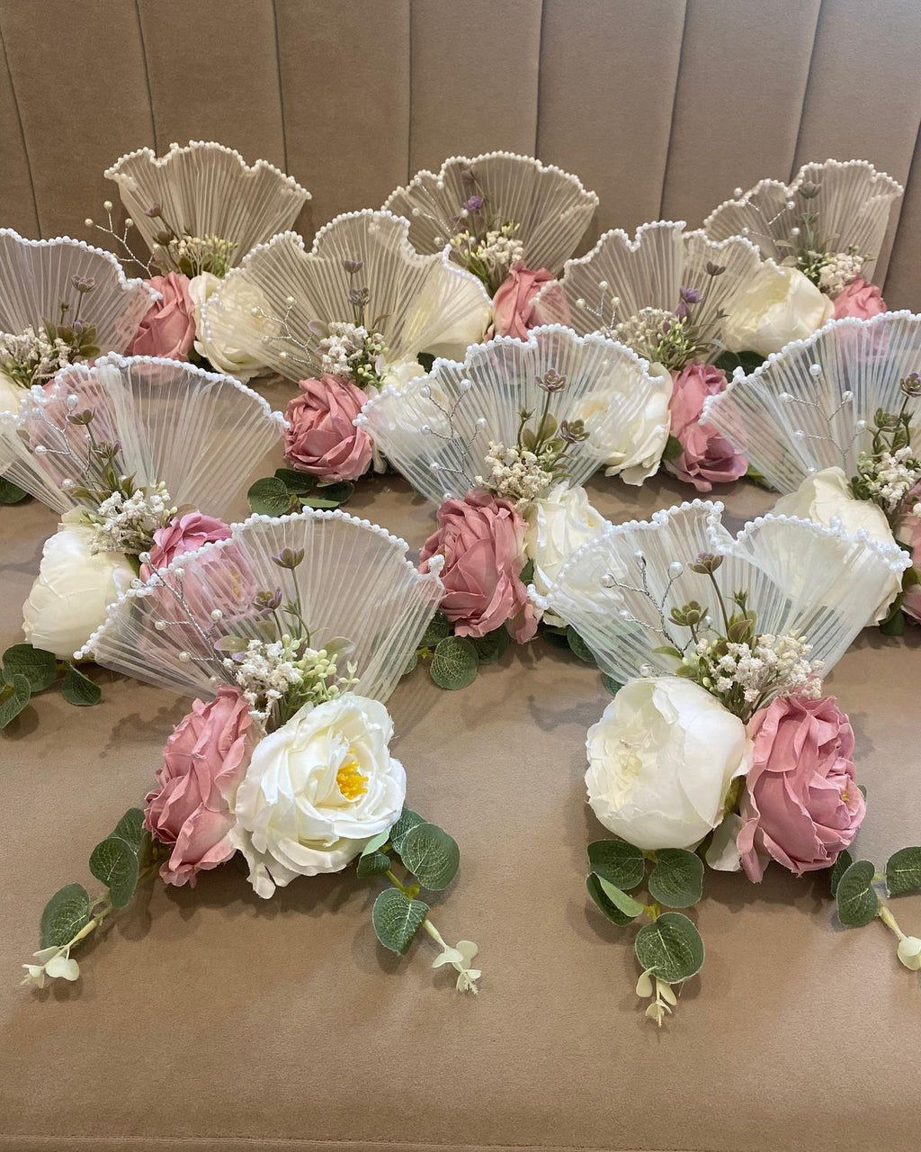 Elegant Artificial Floral Fan Bouquet Set with Pearl Net Frill | Bridal Trousseau Hamper Decoration Flowers | Wedding Shagun & Gift Packing Décor (Set of Multiple Pieces)