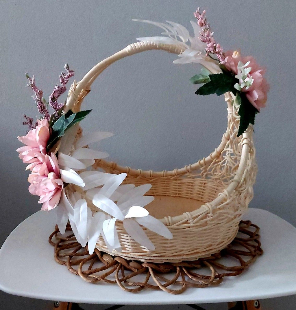 Handcrafted Wicker Floral Gift Basket with Handle | Rustic Decorative Hamper Tray with Artificial Flowers | Wedding, Baby Shower & Festive Gifting Basket