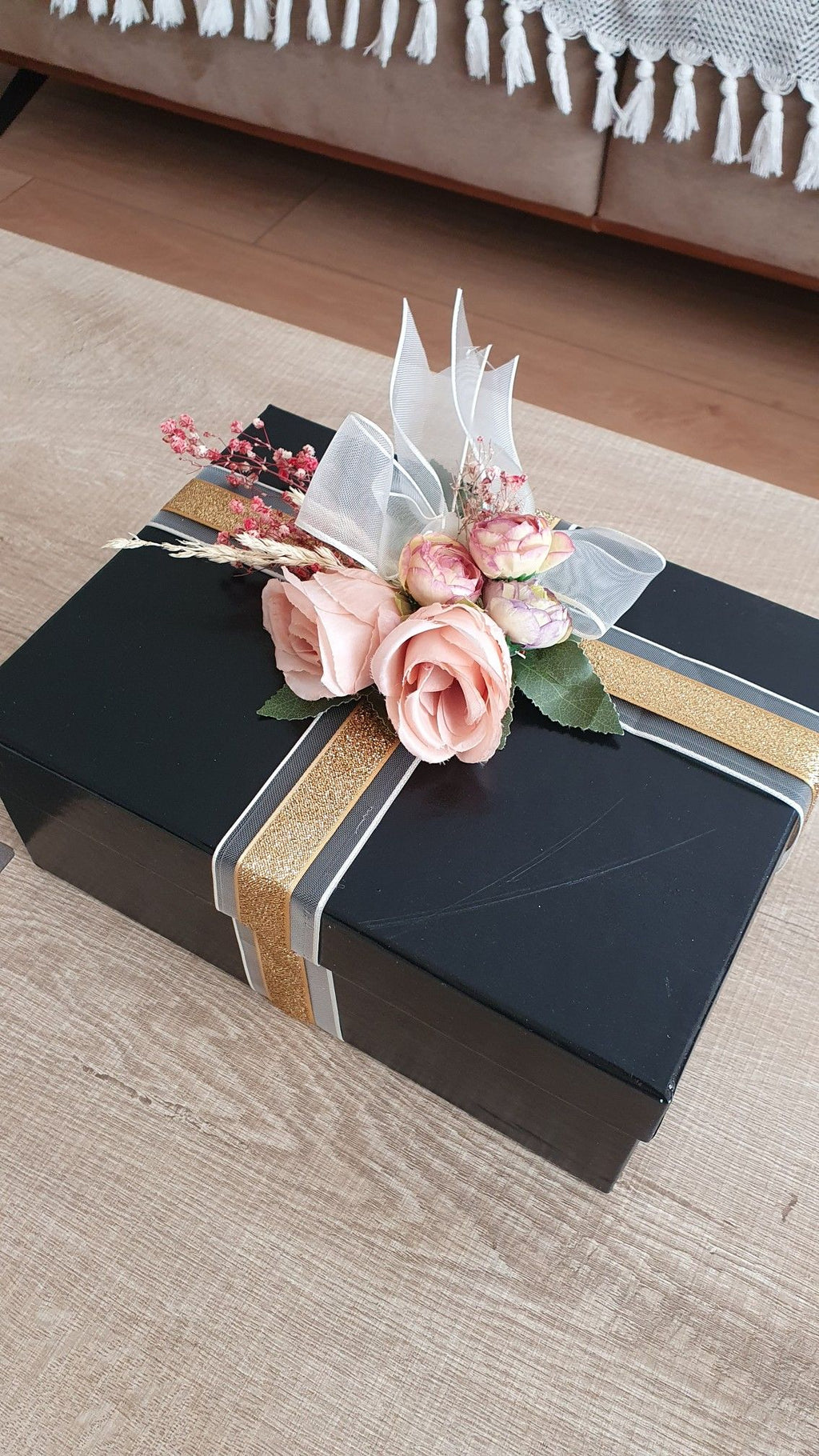 Luxury Black Floral Gift Hamper Box with Gold Ribbon | Premium Decorative Wedding & Festive Gift Packaging Box | Elegant Flower Top Presentation Case
