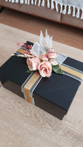 Luxury Black Floral Gift Hamper Box with Gold Ribbon | Premium Decorative Wedding & Festive Gift Packaging Box | Elegant Flower Top Presentation Case