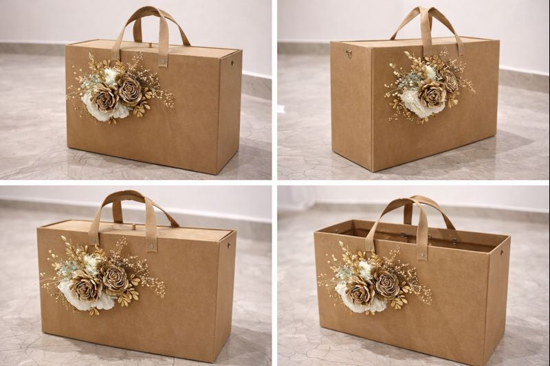 Luxury Kraft Wedding Hamper Carry Box with Floral Decoration | Premium Bridal Trousseau Gift Packing Bag with Handle