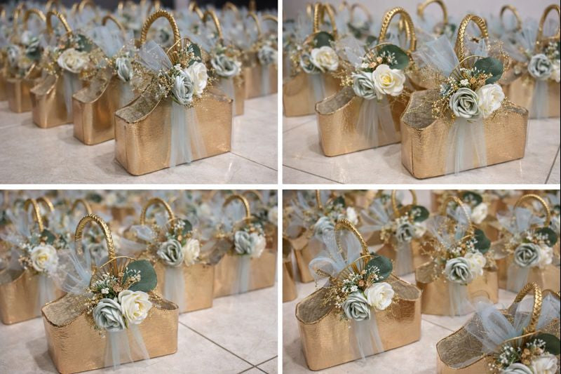 Luxury Gold Wedding Hamper Basket with Floral Decoration & Handle | Premium Return Gift & Trousseau Packing Basket