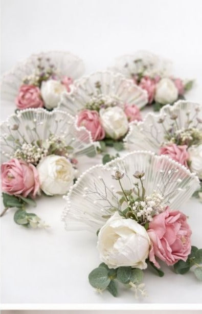 Elegant Artificial Floral Fan Bouquet Set with Pearl Net Frill | Bridal Trousseau Hamper Decoration Flowers | Wedding Shagun & Gift Packing Décor (Set of Multiple Pieces)