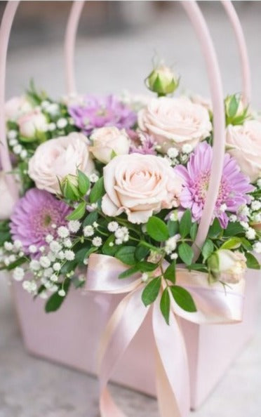 Elegant Pastel Floral Gift Basket with Roses & Ribbon Bow | Premium Flower Hamper Box with Handle | Wedding, Birthday & Special Occasion Gifting Décor