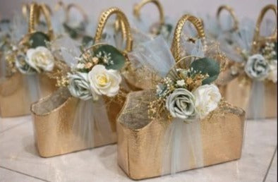 Luxury Gold Wedding Hamper Basket with Floral Decoration & Handle | Premium Return Gift & Trousseau Packing Basket