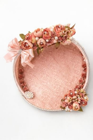 Luxury Floral Bridal Trousseau Tray with Pearl & Satin Bow Décor | Wedding Shagun Gift Packing Basket | Premium Decorative Hamper Display Tray