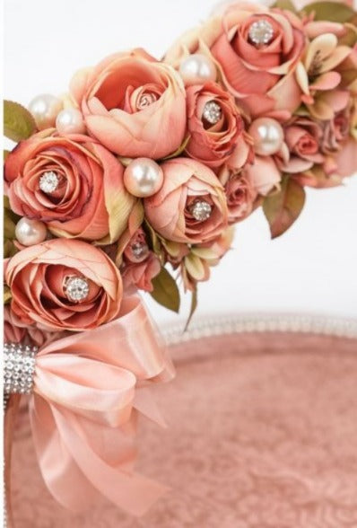 Luxury Floral Bridal Trousseau Tray with Pearl & Satin Bow Décor | Wedding Shagun Gift Packing Basket | Premium Decorative Hamper Display Tray