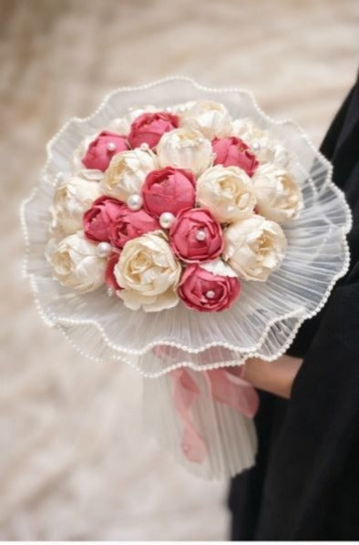 Premium Artificial Floral Bouquet Hamper Decoration with Pearl Net Frill & Satin Ribbon | Bridal Trousseau Gift Packing Flower Bunch | Wedding Shagun Décor