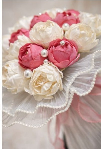 Premium Artificial Floral Bouquet Hamper Decoration with Pearl Net Frill & Satin Ribbon | Bridal Trousseau Gift Packing Flower Bunch | Wedding Shagun Décor