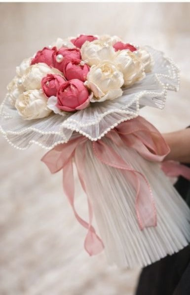 Premium Artificial Floral Bouquet Hamper Decoration with Pearl Net Frill & Satin Ribbon | Bridal Trousseau Gift Packing Flower Bunch | Wedding Shagun Décor