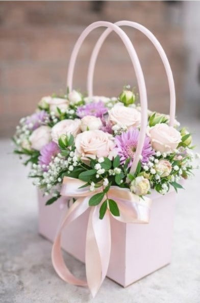 Elegant Pastel Floral Gift Basket with Roses & Ribbon Bow | Premium Flower Hamper Box with Handle | Wedding, Birthday & Special Occasion Gifting Décor