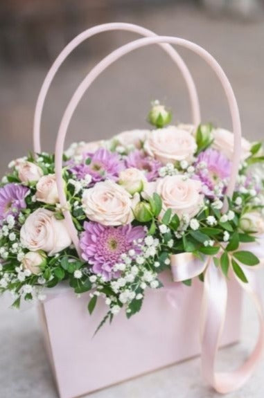 Elegant Pastel Floral Gift Basket with Roses & Ribbon Bow | Premium Flower Hamper Box with Handle | Wedding, Birthday & Special Occasion Gifting Décor