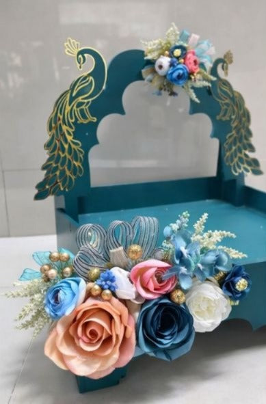 Royal Peacock Designer Trousseau Tray with Floral Décor | Luxury Wedding Shagun Hamper Display Box | Premium Decorative Gift Presentation Platter