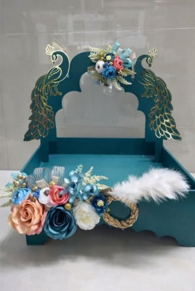 Royal Peacock Designer Trousseau Tray with Floral Décor | Luxury Wedding Shagun Hamper Display Box | Premium Decorative Gift Presentation Platter