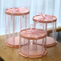 Luxury Transparent Acrylic Wedding Hamper Box with Ribbon Lid | Round Trousseau & Gift Packing Box (Pink)