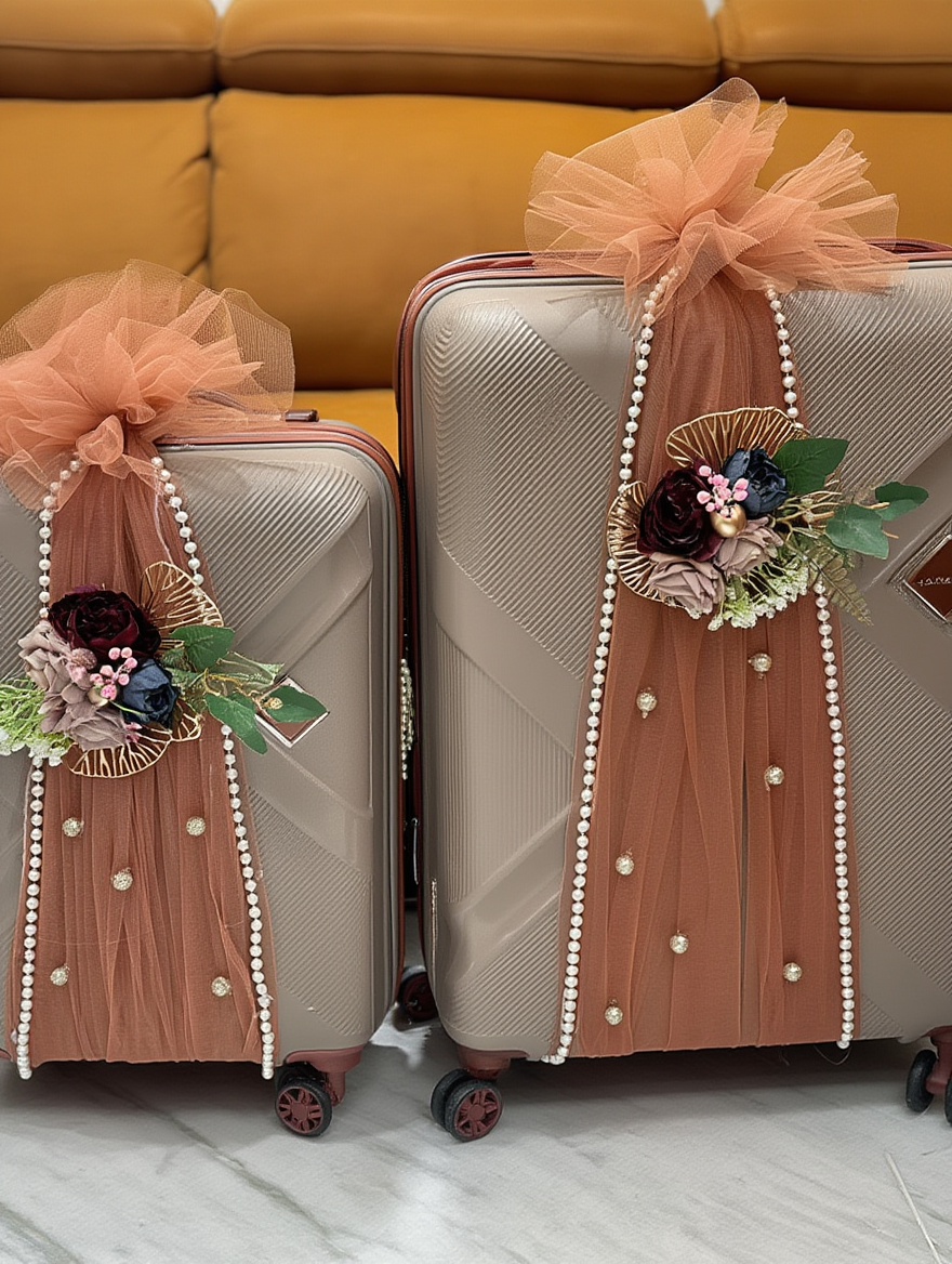 Luxury Bridal Trousseau Luggage Decoration Set | Wedding Suitcase Packing Decor with Net, Flowers & Pearls
