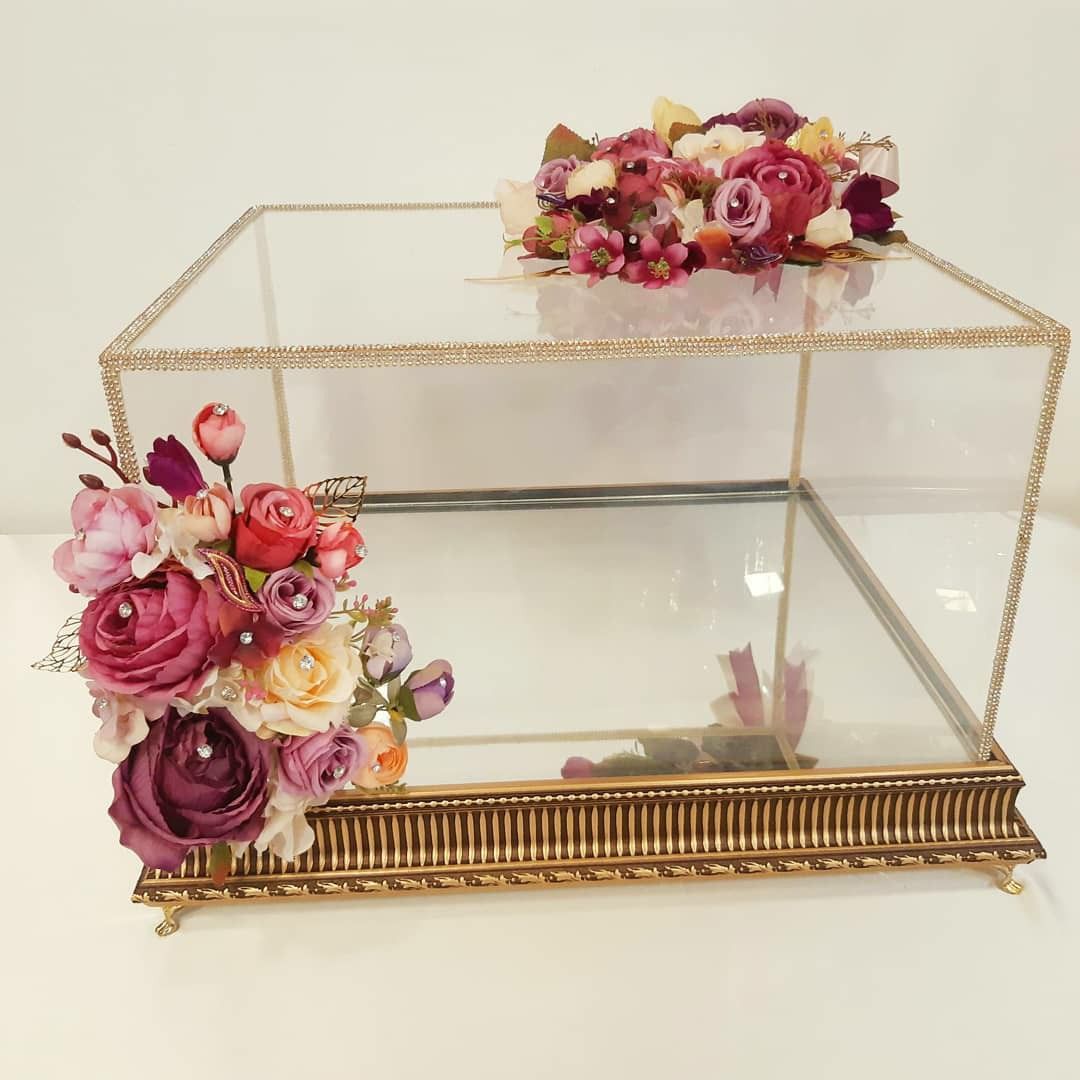 Luxury Glass Trousseau Display Box with Golden Frame & Floral Décor | Bridal Wedding Hamper Packing Case | Premium Gift & Jewellery Organizer Tray