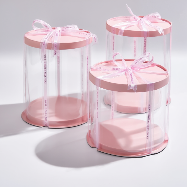 Luxury Transparent Acrylic Wedding Hamper Box with Ribbon Lid | Round Trousseau & Gift Packing Box (Pink)