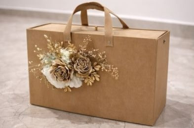 Luxury Kraft Wedding Hamper Carry Box with Floral Decoration | Premium Bridal Trousseau Gift Packing Bag with Handle