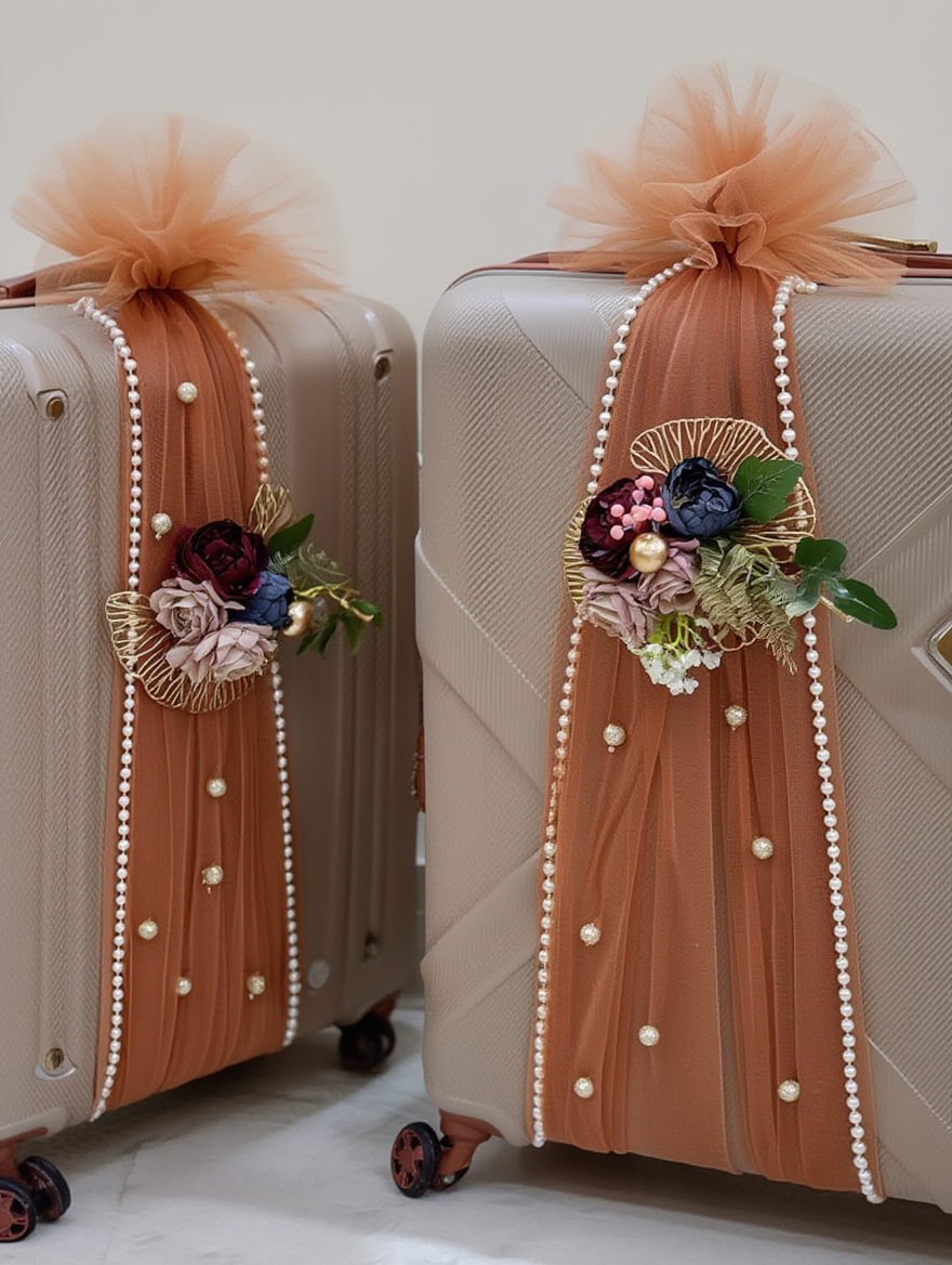 Luxury Bridal Trousseau Luggage Decoration Set | Wedding Suitcase Packing Decor with Net, Flowers & Pearls