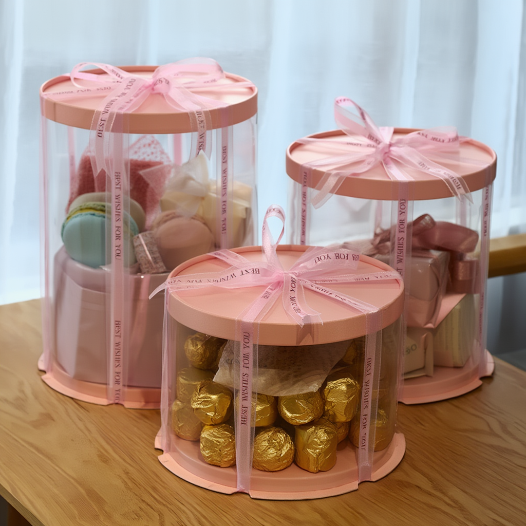 Luxury Transparent Acrylic Wedding Hamper Box with Ribbon Lid | Round Trousseau & Gift Packing Box (Pink)