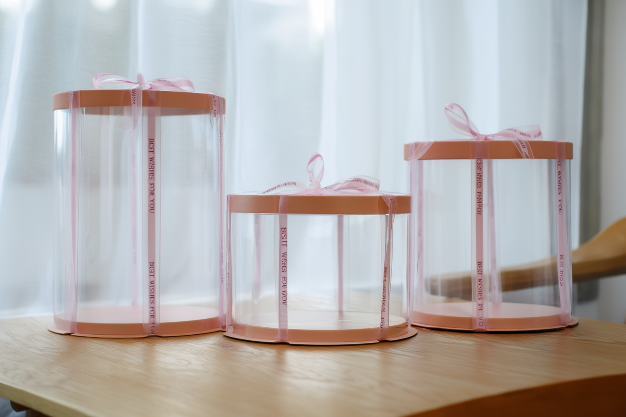 Luxury Transparent Acrylic Wedding Hamper Box with Ribbon Lid | Round Trousseau & Gift Packing Box (Pink)