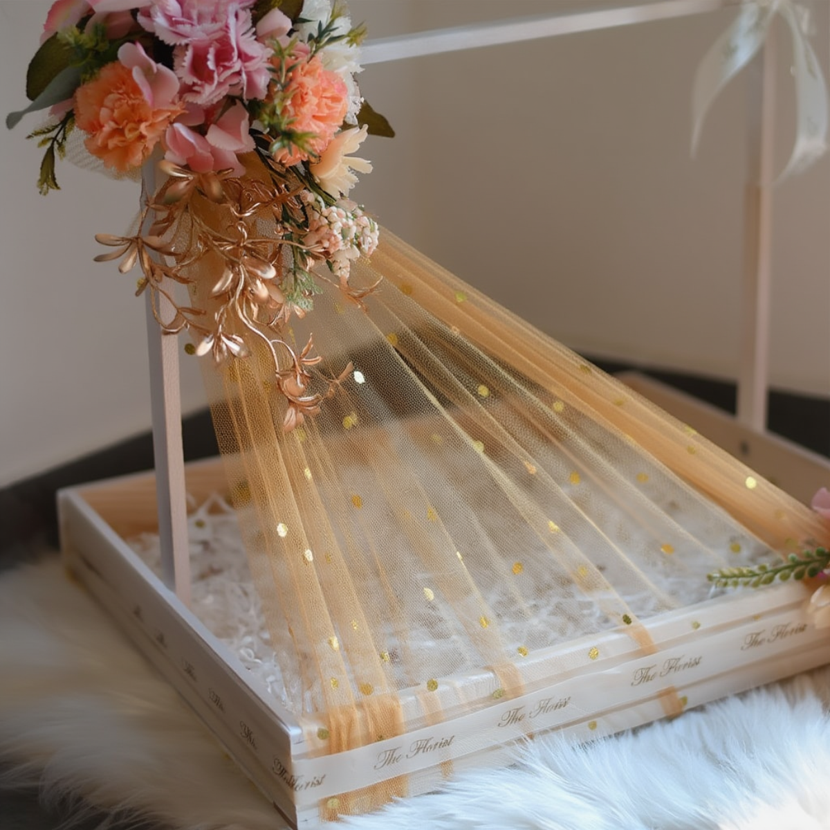 Luxury Wedding Trousseau Packing Tray with Floral Decor & Net Draping | Bridal Gift Hamper Tray