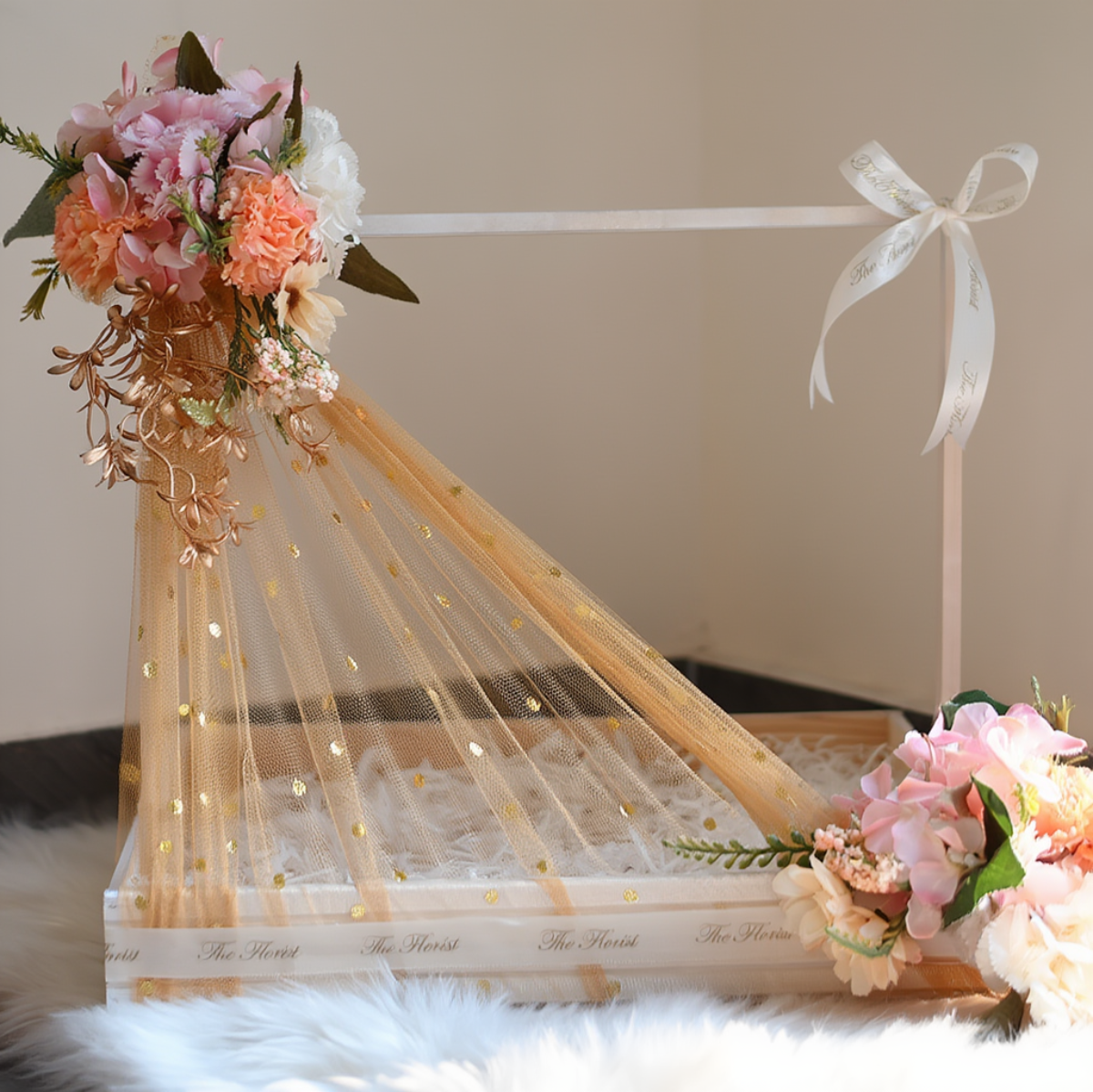 Luxury Wedding Trousseau Packing Tray with Floral Decor & Net Draping | Bridal Gift Hamper Tray