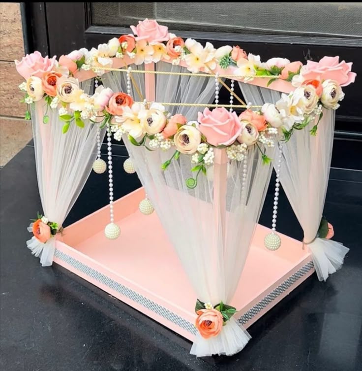 Luxury Floral Canopy Trousseau Display Tray with Net Curtains & Pearl Hanging | Bridal Wedding Hamper Presentation Stand | Premium Event & Gift Décor Setup