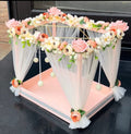 Luxury Floral Canopy Trousseau Display Tray with Net Curtains & Pearl Hanging | Bridal Wedding Hamper Presentation Stand | Premium Event & Gift Décor Setup
