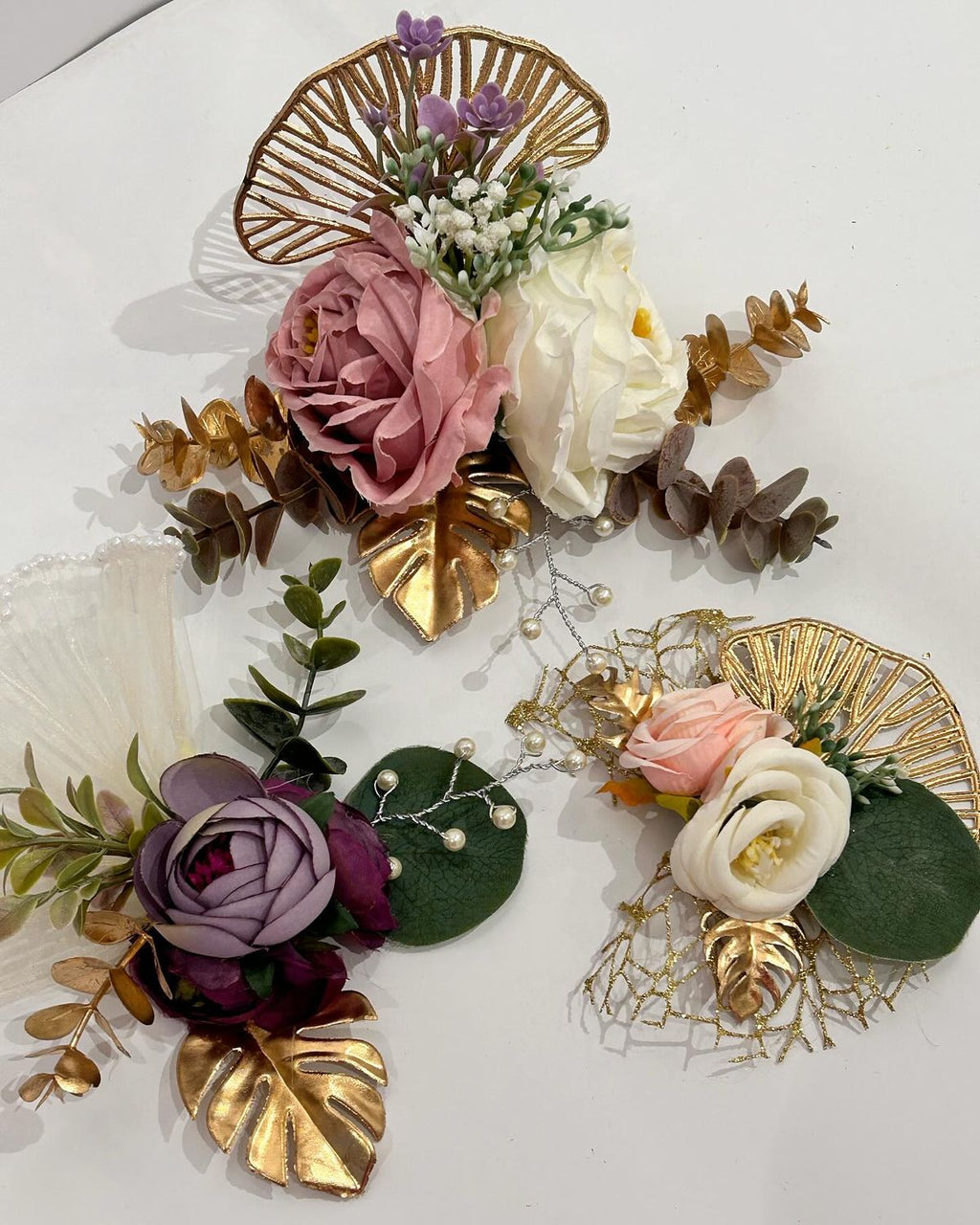 Luxury Artificial Floral Wall Décor with Gold Leaves & Pearl Strings | Premium Wedding Trousseau Flower Arrangement | Elegant Home & Bridal Decoration