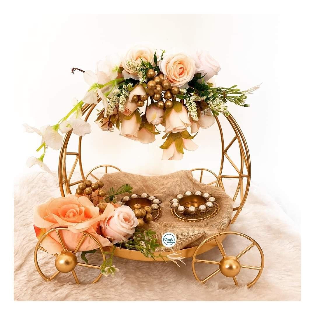 Luxury Floral Golden Cart Tray Décor | Wedding Trousseau Gift Hamper Display Stand with Artificial Flowers | Bridal & Festive Decoration Organizer
