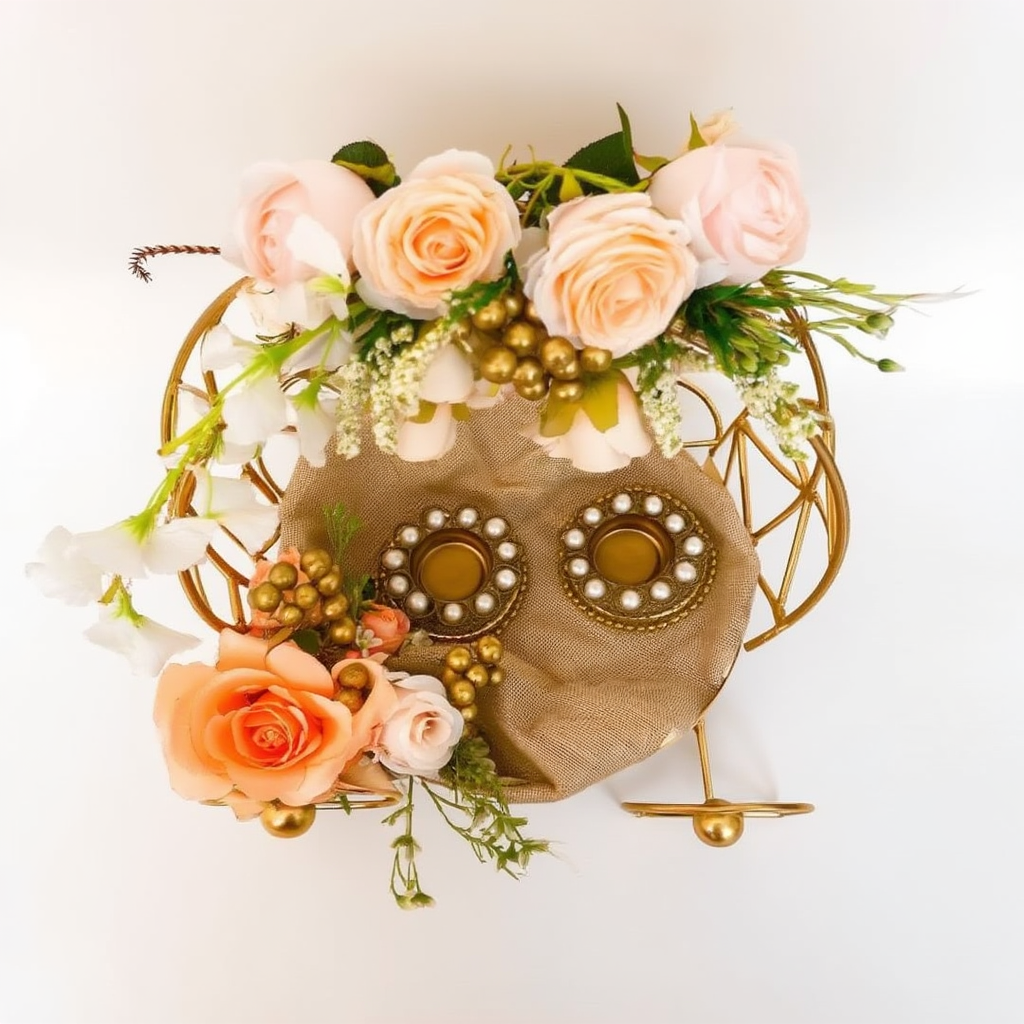 Luxury Floral Golden Cart Tray Décor | Wedding Trousseau Gift Hamper Display Stand with Artificial Flowers | Bridal & Festive Decoration Organizer