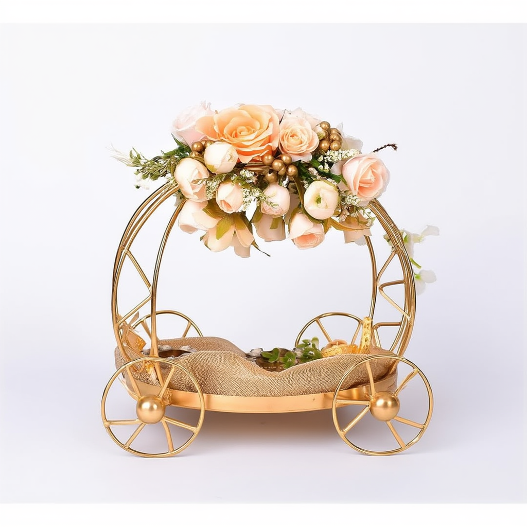 Luxury Floral Golden Cart Tray Décor | Wedding Trousseau Gift Hamper Display Stand with Artificial Flowers | Bridal & Festive Decoration Organizer