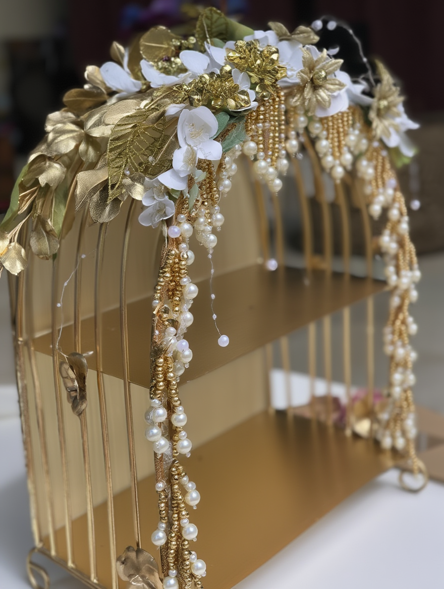 Luxury Golden Pearl Floral Display Stand | Royal Wedding Trousseau & Jewellery Hamper Cage Tray | Premium Decorative Gift Presentation Organizer