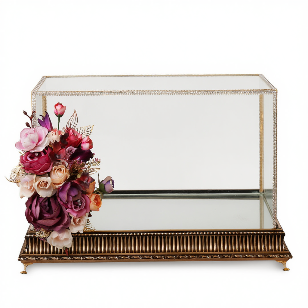 Luxury Glass Trousseau Display Box with Golden Frame & Floral Décor | Bridal Wedding Hamper Packing Case | Premium Gift & Jewellery Organizer Tray