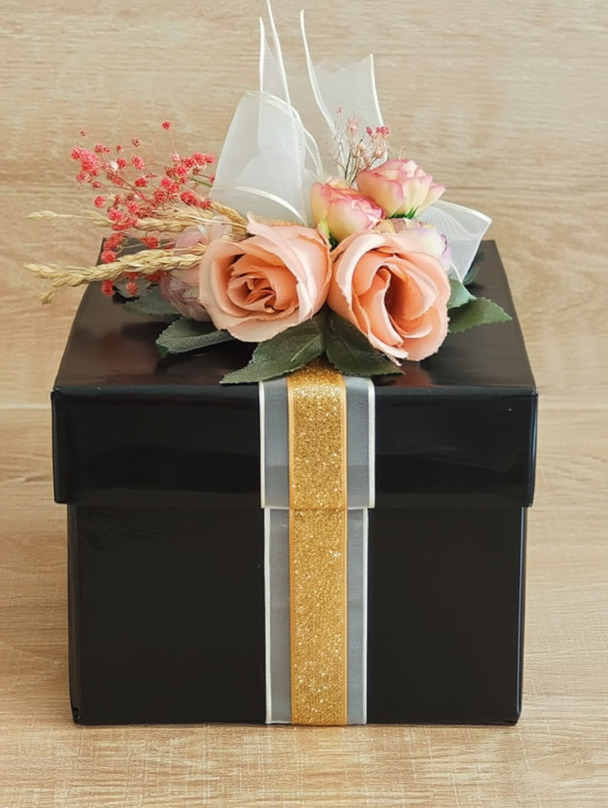 Luxury Black Floral Gift Hamper Box with Gold Ribbon | Premium Decorative Wedding & Festive Gift Packaging Box | Elegant Flower Top Presentation Case