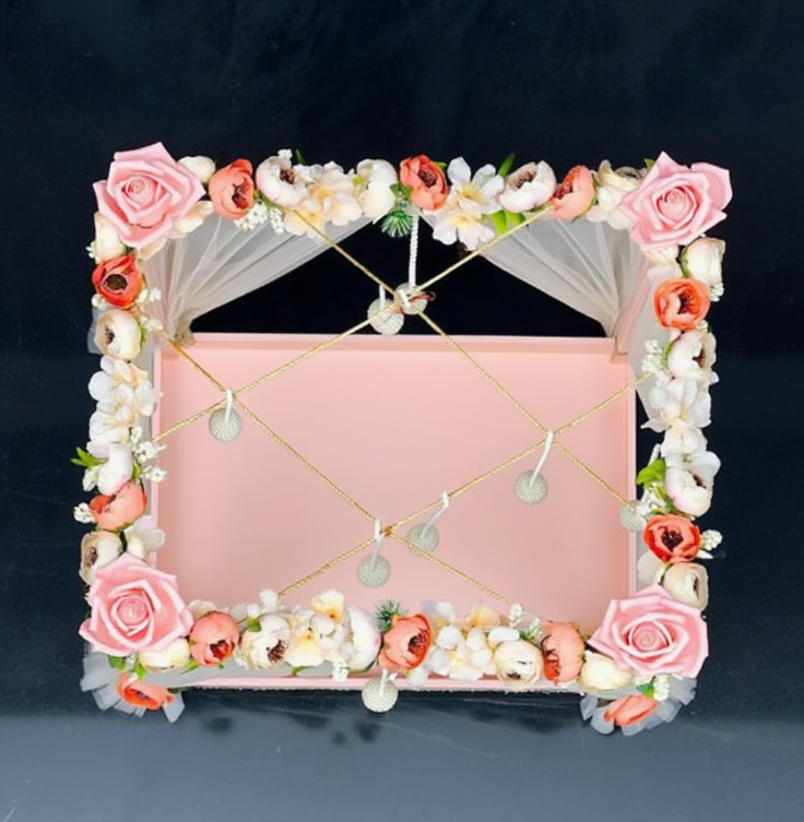 Luxury Floral Canopy Trousseau Display Tray with Net Curtains & Pearl Hanging | Bridal Wedding Hamper Presentation Stand | Premium Event & Gift Décor Setup