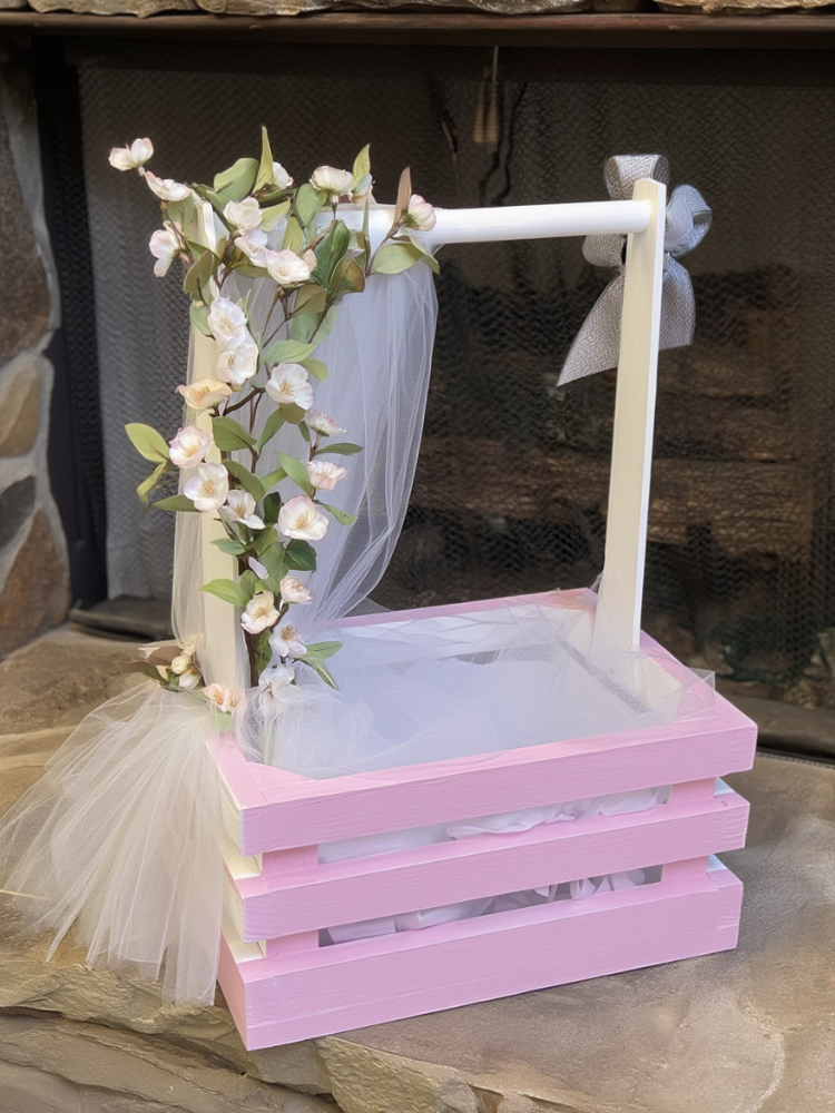 Pastel Pink Floral Crate Hamper Tray with Net Canopy & Bow | Decorative Wedding & Baby Shower Gift Basket | Elegant Trousseau & Return Gift Display Stand