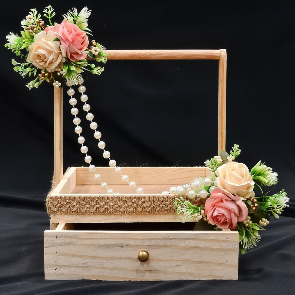 Elegant Wooden Floral Hamper Tray with Handle & Drawer | Pearl Decor Gift Presentation Basket | Wedding Trousseau, Jewellery & Festive Display Organizer