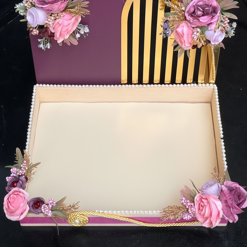 Modern Floral Designer Trousseau Tray with Gold & Mauve Back Panel | Luxury Wedding Shagun Hamper Display Platter | Premium Gift Presentation Base