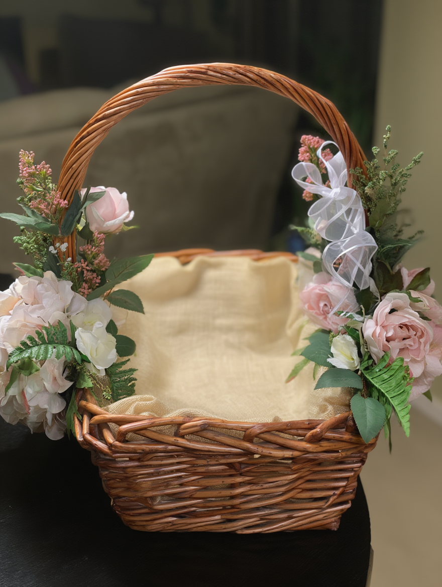 Handwoven Rustic Wicker Floral Gift Basket with Handle | Decorative Cane Hamper Basket for Wedding, Baby Shower & Festive Gifting | Elegant Flower Décor Tray