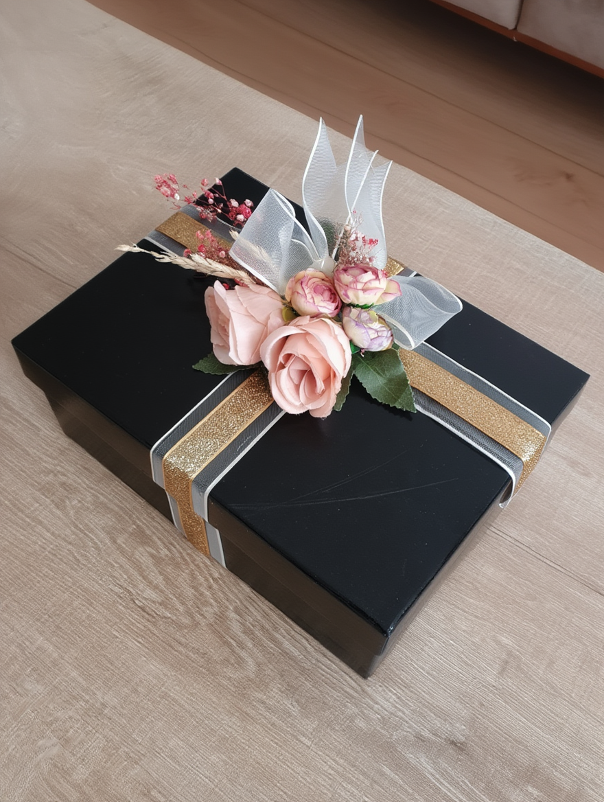 Luxury Black Floral Gift Hamper Box with Gold Ribbon | Premium Decorative Wedding & Festive Gift Packaging Box | Elegant Flower Top Presentation Case