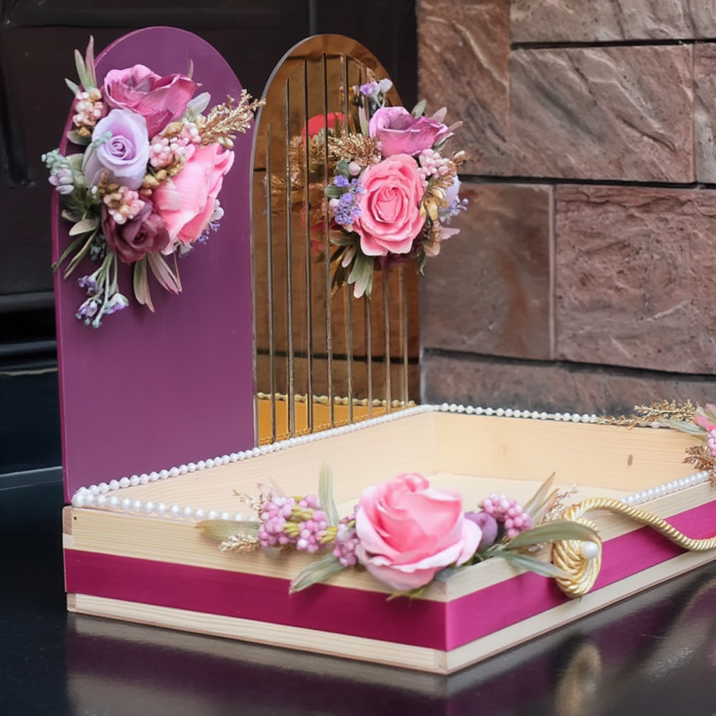 Modern Floral Designer Trousseau Tray with Gold & Mauve Back Panel | Luxury Wedding Shagun Hamper Display Platter | Premium Gift Presentation Base