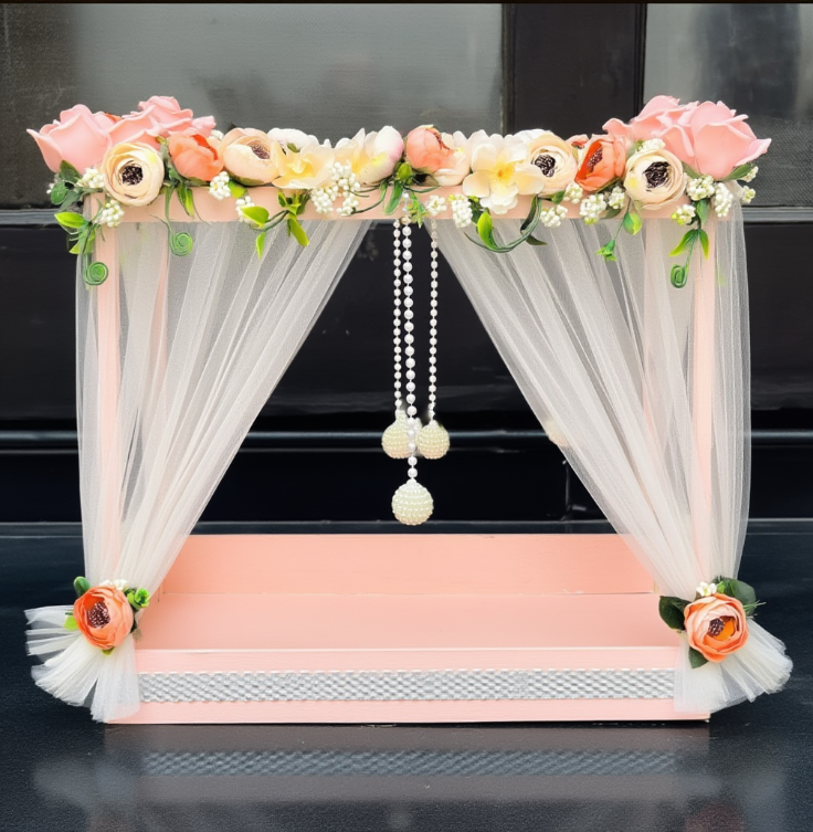 Luxury Floral Canopy Trousseau Display Tray with Net Curtains & Pearl Hanging | Bridal Wedding Hamper Presentation Stand | Premium Event & Gift Décor Setup