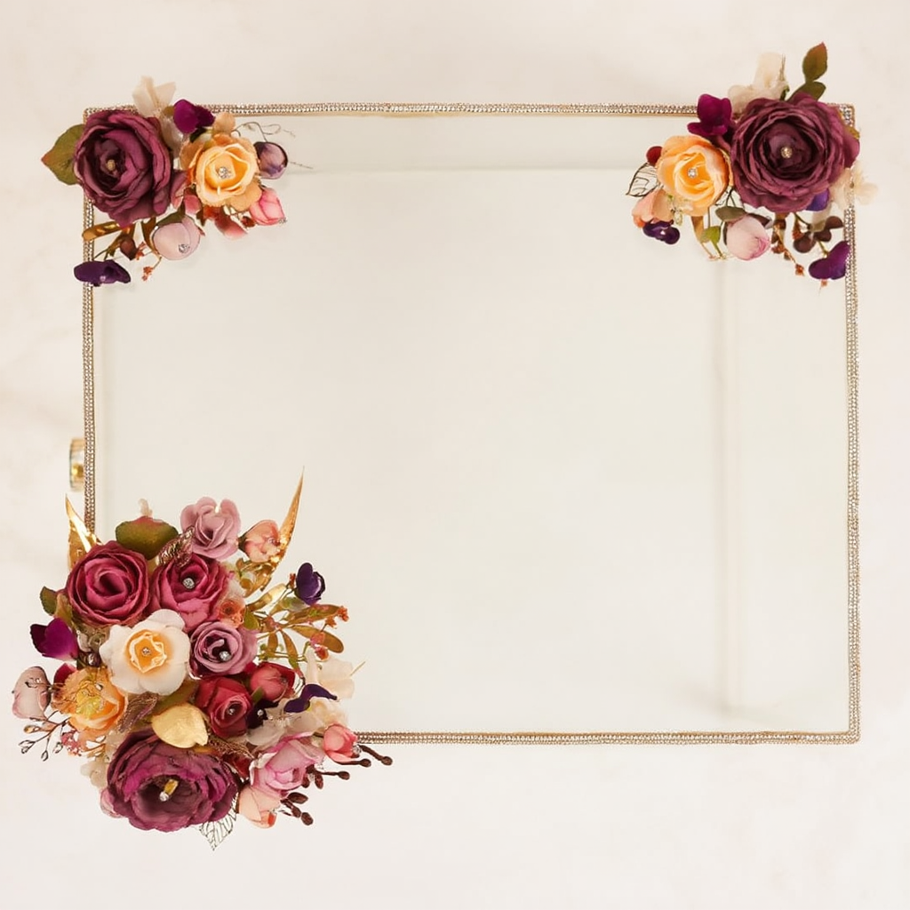 Luxury Glass Trousseau Display Box with Golden Frame & Floral Décor | Bridal Wedding Hamper Packing Case | Premium Gift & Jewellery Organizer Tray